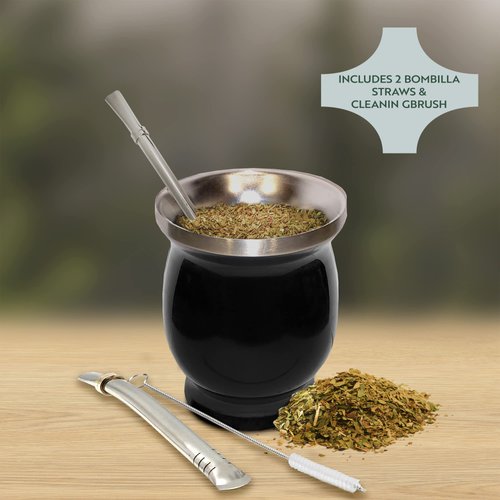 Norte UPGRADED Yerba Mate Natural Gourd/Tea Cup Set (Original Traditional Mate Cup - 8 Ounces) | Includes 2 Bombillas (Yerba Mate Straws to Use) & Cleaning Brush | Stainless Steel | Double-Walled