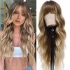 Blonde Wig with Bangs Long Curly Wigs for Women 26 Inch Dirty Blonde Curly Wavy Wigs with Dark Roots Synthetic Heat Resistant Curly Wig for Daily Party Use