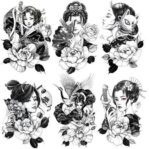 Oottati 6 Sheets Waterproof Arm Temporary Tattoo Stickers Black Japanese Geisha Women Lady Samurai Fan Sword Crane Flower Fox Keaton Mask