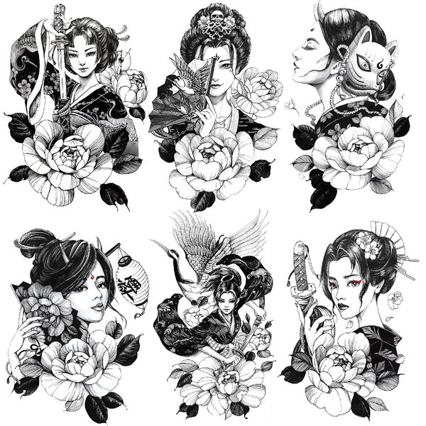 Oottati 6 Sheets Waterproof Arm Temporary Tattoo Stickers Black Japanese Geisha Women Lady Samurai Fan Sword Crane Flower Fox Keaton Mask