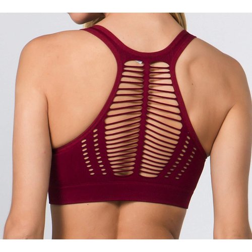 YELETE Lady's Macrame Cut Out Sports Bra Color Wine Red Size L