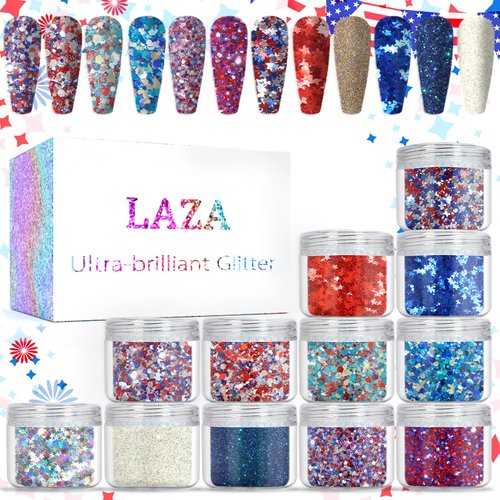 Laza Independence Day Nail Art Glitters 12 Colors Red Blue Silver Fine Powder Chunky Star Sequins...