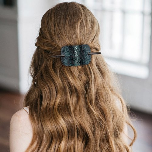 Noverlife 6PCS Leather Hair Barrettes with Stick, Square Shape Hair Clips Hair Slider Pins Ponytail Holders, Hair Accessories Hair Set Clips Hair Barrette with Wood Slide Stick for Women Girls
