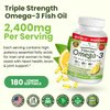 Best Triple Strength Omega 3 Fish Oil Pills - 180 Capsules - 2400mg High Potency Burpless Lemon Flavor 864mg EPA 576mg DHA Ultra Pure Liquid Softgels for Brain Joints Eyes Heart Health Supplement