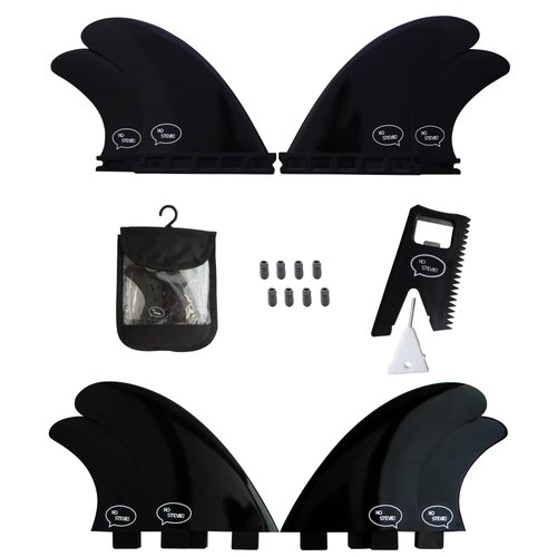 Ho Stevie! FRP Quad (4) Surfboard Fins - Stronger Than Regular Nylon Fins - includes Fin Bag, Screws, Wax Comb and Fin Key (Black, Single Tab)