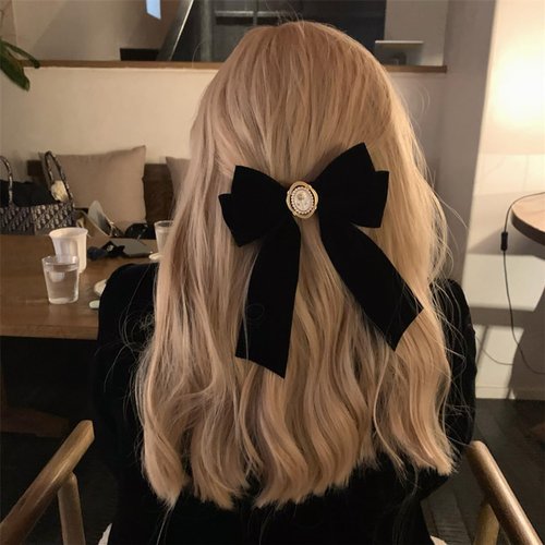 LINAYOHA 1Pcs Velvet Hair Bow Clips For Women Girl Black Hair Ribbon Ponytail Holder Barrette Bowknot Clips Hair Pins with Long Tail For Christmas,Birthday,Daily Wear and Holiday Present
