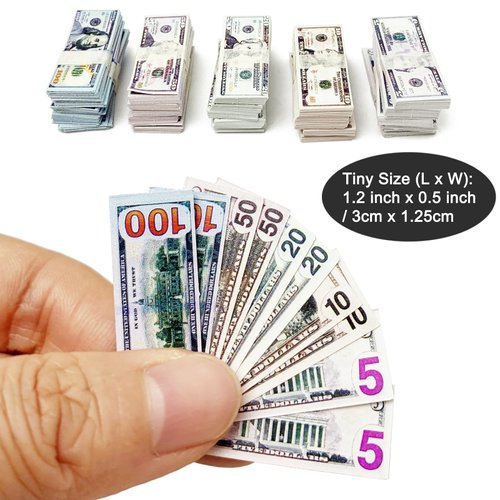 PRETTYLIFE Miniature Dollhouse Scene Model 500 Pieces Mini Dollar Bill Prop Set for 1:12 Mini Dollhouse Decoration