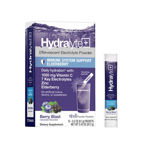 Hydralyte Electrolytes Plus Immunity, Elderberry - Low Sugar Rapid Rehydration Powder - Lightly Sparkling Electrolyte Powder Packets with 1,000mg Vitamin C and 300 mg Elderberry (8oz Serve, 12 Count)