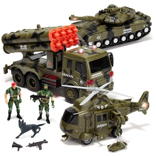 JOYIN 3 in 1 Friction Powered Siren Army Vehicle Toy with Action Figures - Military Truck, Helicopter and Tank Toy with Light and Sound Siren for Imaginative Play, Xmas Gifts for Kids