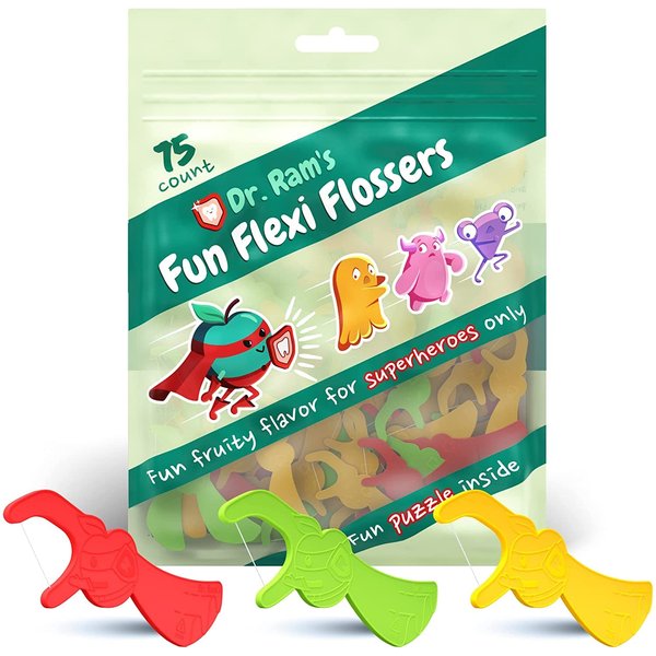 Dr. Ram's Fun Flexi Flossers for Kids - Anti-Ouch Shaped Kids Dental Floss with Puzzle and Game - Light Citrus Fruit Scent Kid Floss (75 Count)