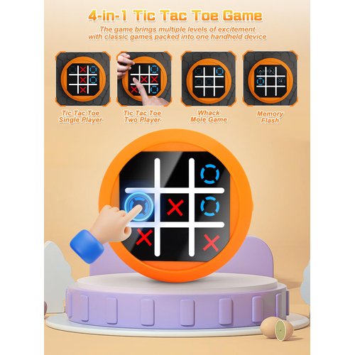 Dollox 4-in-1 Mini Tic Tac Toe Bolt Game, Electronic Handheld Game Puzzle Board Games Console Brain Training Includes Tic Tac Toe, Memory Flash, Whack-a-Mole Family Fun Travel Games for Kids Adults