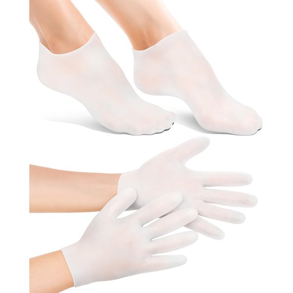 BLATOWN 2 Pairs Silicone Moisturizing Glove Socks Set, Anti Slip Soft Spa Gel Socks Softening Feet Dry Cracked Skin, Women Spa Pedicure Socks for Foot Hand Softening, Foot Care After Pedicure (White)