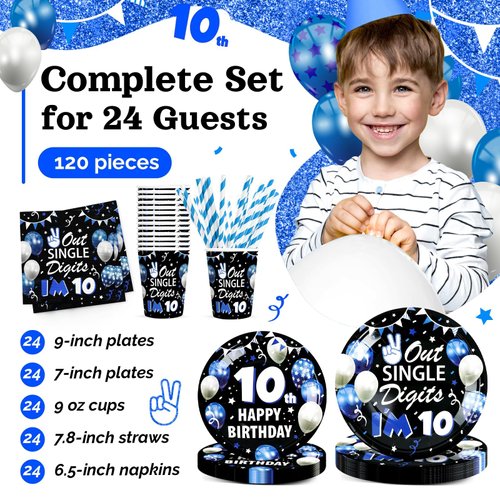 BOIKOKY 10th Birthday Decorations for Boys, 10 Year Old Boy Birthday Decorations Party Supplies, 120Pcs Double Digits Happy 10th Birthday Includes Paper Plates, Napkins, Cups and Straws | Serves 24