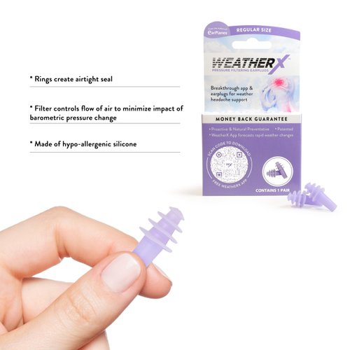 WeatherX, Pressure Filtering Earplug for Shifts in Barometric Weather Pressure, Download Free Alert app (Regular 2 Pk)