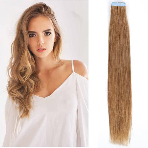 Amella Hair Tape in Hair Extensions #27 Light Brown Color 100% Real Human Hair 20pcs 40g/pack Straight Seamless Skin Weft Tape Hair Extensions(16 Inch,#27 Light Brown Color)