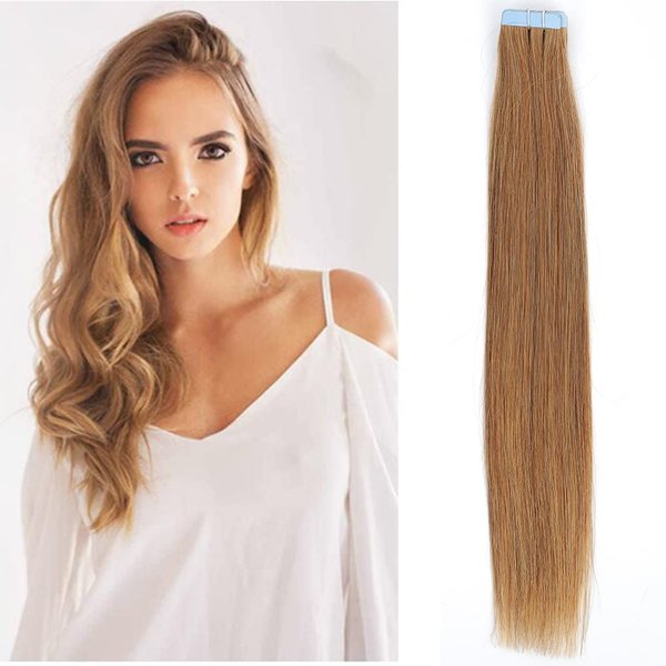 Amella Hair Tape in Hair Extensions #27 Light Brown Color 100% Real Human Hair 20pcs 40g/pack Straight Seamless Skin Weft Tape Hair Extensions(16 Inch,#27 Light Brown Color)
