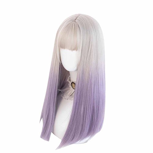 osseoca Gray Gradient Purple Long Straight Synthetic Hair Cute Lolita Anime Halloween Carnival Comic Exhibition Cosplay Hair Natural COS Ombre Wigs with Bangs