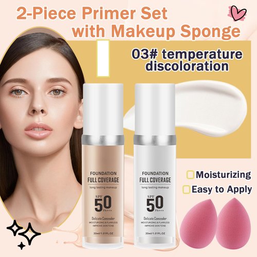 Color Changing Foundation & Natural Color Foundation with 2 Makeup Sponges,Moisturizing Full Coverage Liquid Foundation for Women,Non-greasy Long Lasting Flawless Concealer Cream Makeup Foundation Set