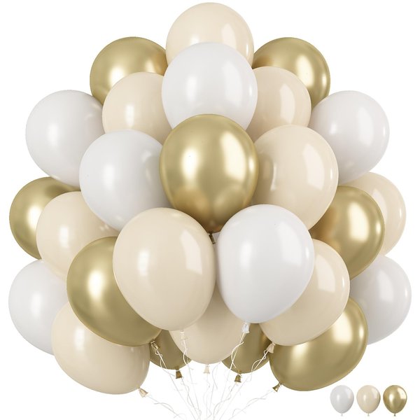 White Sand Gold Balloons, 60 Packs 12 Inch White Nude Balloons with Metallic Chrome Gold Beige Latex Balloons Party Decoration for Boho Birthday Wedding Bridal Baby Shower Engagement Anniversary