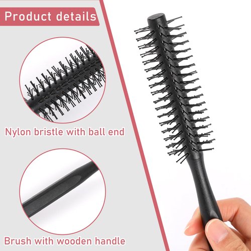 Boar Bristle and Nylon Curling Brush, Travel Hair Brush for Blow Drying, with Wood Handle - Roller Hairbrush for Women, Beard Brush for Men (Black & Red)