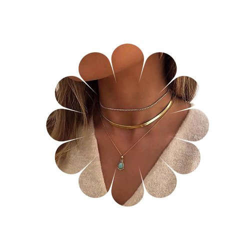 Allereyae Vintage Layered Turquoise Necklace Turquoise Pendant Necklace Blue Stone Bead Choker Necklace Gold Snake Herringbone Chain Necklace Jewelry for Women