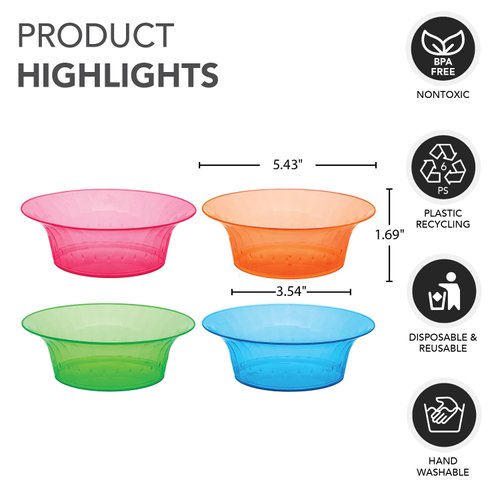 Party Essentials Salad/Snack Bowls, Hard Plastic, 10 oz, Assorted Neon