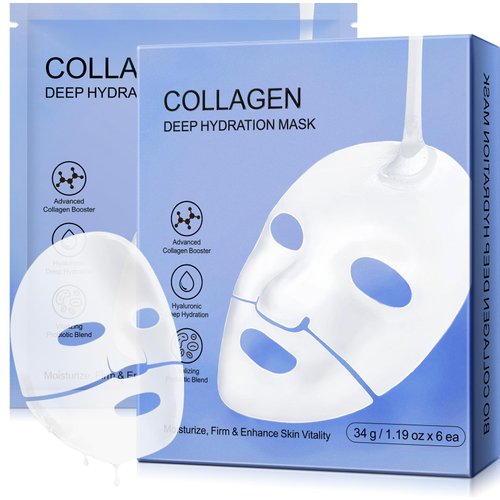 Collagen Face Overnight Mask, Deep Collagen Power Boosting Mask for Anti-Wrinkle, Lifting, Firming, Hydrating, Moisturizing, Sleeping Mask with Low Molecular Weight Collagen, Easy Absorption, 34g/6ea