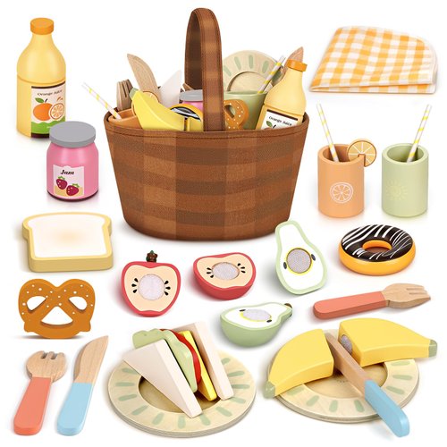 Dreamon Wooden Play Food Set - 22 Pcs Play Food Sets for Kids Kitchen with Carry Basket,Pretend Food for Toddlers,Cutting Food Toys for Toddlers for 3+ Year Old Boys and Girls Gifts