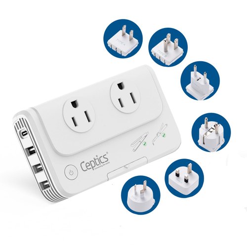 Ceptics Travel Voltage Converter -200W Convert 220V to 110V for Curling Iron, Straightener, Chargers, Step Down World Power Plug - 4 USB Charging QC 3.0 - SWadApt - Type A, B, C, E/F, G, I Included