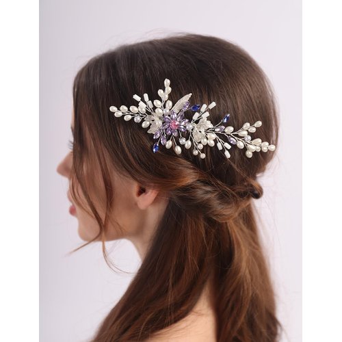 Teyglen Pearl Bride Wedding Hair Comb Purple Rhinestone Flower Hair Piece Silver Leaf Crystal Hair Side Comb Bridal Headpiece Hair Accessories for Women Girls