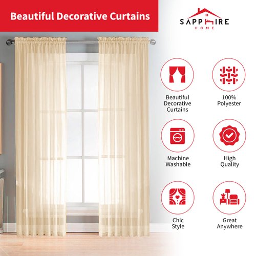 Sapphire Home Ivory Sheer Curtains - 2 Panels Set, 54" x 95", Transparent, Light Filtering Privacy Voile Drapes, Sheer Window Curtains for Living Room, Bedroom, Kitchen, Dining Room - Ivory