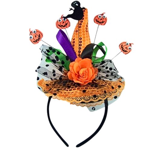 Needzo Ghost and Pumpkin Orange Sequins Witch Hat Halloween Headband