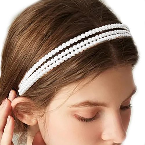Coridy Pearl Headbands Thin White Simple Hair Band Layered Flowers Hair Accessories for Women (White, 3-Layered)