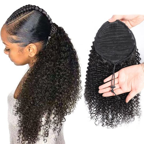 Human Hair Wrap Drawstring Ponytail Water Wave 1B Black Corn Wave Ponytail Extension Natural Curl for Black Women (16", 1B, Natural Wave)