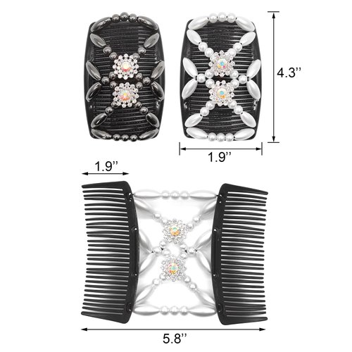 Quacc 2pcs Magic Bead Hair Combs Stretch Beaded Hair Combs Double Sided Clips Hair Comb for Women Girls DIY Hairstyling Hair Accessories (Black and White)