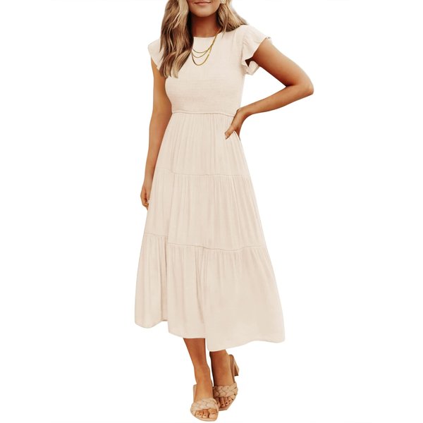 ZESICA Women's 2024 Summer Casual Flutter Short Sleeve Crew Neck Smocked Elastic Waist Tiered Midi Dress,Apricot,Medium