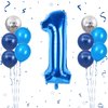 40 Inch Blue Number 1 Balloon, 1st Birthday Balloons, 11Pcs Silver Birthday Print Balloons Dark Light Blue Latex Balloons 1 Foil Balloon for Baby Boy Girl 1st Birthday Party Decorations Anniversary