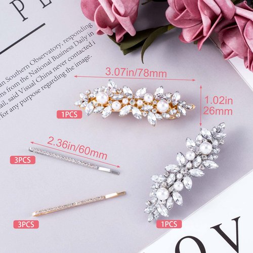 HINZIC 2Pcs Pearl Hair Barrettes, 6Pcs Metal Bobby Pins Sparkly Rhinestone Hair Clips Decorative Wedding Prom Valentines Hair Pins Accessories for Bride Women Girls Fine Thick Long Hair(Silver Gold)