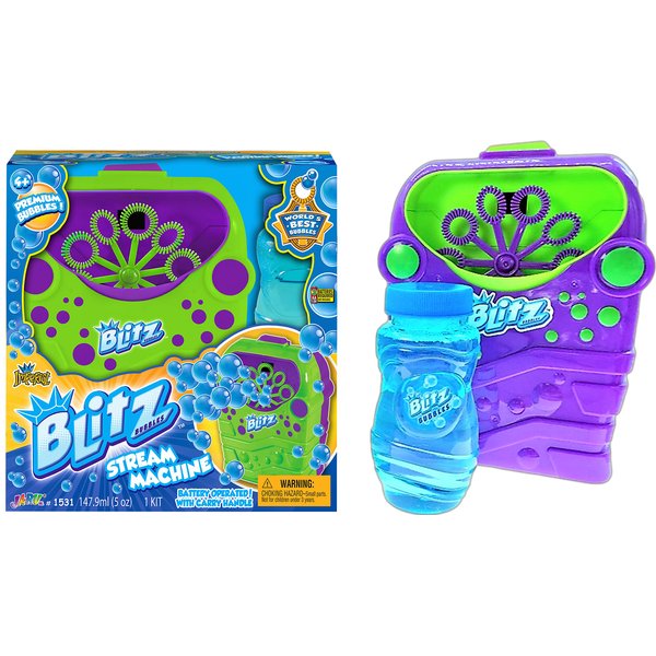 JA-RU Blitz Bubble Machine for Kids w/Bubble Soap Solution (1 Toy) Battery Powered Automatic Bubble Blower. Rotating Blowing Wands. Fun Outdoor Games. Pool Birthday Party. 1531-1s