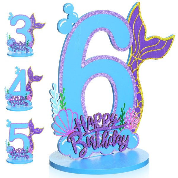 Wonderjune Mermaid Birthday Number Sign Centerpiece for Girls Wooden Mermaid Party Number Table Sign Decoration Mermaid Party Supplies for Birthday Anniversary(Number 6)