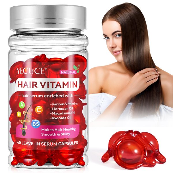 Bieyoc Hair Serum Capsules with Vitamin A C E B5 for Hair Repair and Moisturizing, Unscented, Red, Unisex Adult, Suitable for All Hair Types and Textures, 40 Pcs