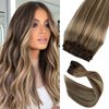 Hair Extensions Clip in Human Hair Ash Brown Mixed Bleach Blonde Highlights Clip in Hair Extensions Real Human Hair Thick Ends Long Straight Hair Extensions Clip ins Human Hair 12 Inch 70g 7pcs