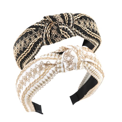 YISSION 2PCS Knotted Headbands for Women Girls Non Slip Wide Embroidery Boho Headbands Fashion Head Bands Top Knot Headband for Women Black White Headband Vintage Hair Accessories for Women