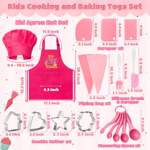 R HORSE 18Pcs Kid Cooking and Baking Toys Set, Pink Toddler Chef Outfit with Utensils, Complete Cooking Set with Kid Apron and Chef Hat, Toddler Chef Dress Up Baking Set Cooking Baking Gift for Girls