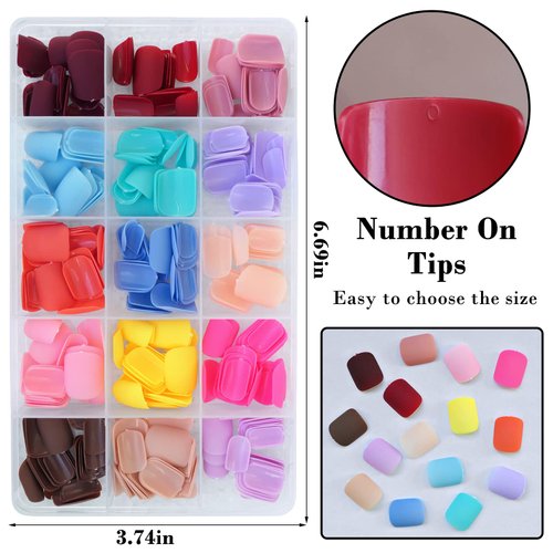 LuckForever 360pc Kids Press on Nails Matte Short Square Fake Acrylic Nails Tips Full Cover French Colored Artificial Fingernails Manicure Decor for Kids Girls Women Nail Design