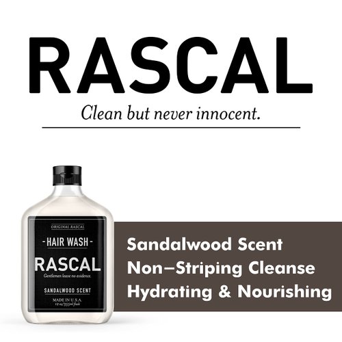 Rascal Hair Wash for Men - Natural Men's Shampoo with Coconut Oil & Aloe, Hydrating, Deep Cleansing, and Nourishing Formula, Shampoo for All Hair Types, Fresh Sandalwood Scent, Smooth & Silky - 12 Oz