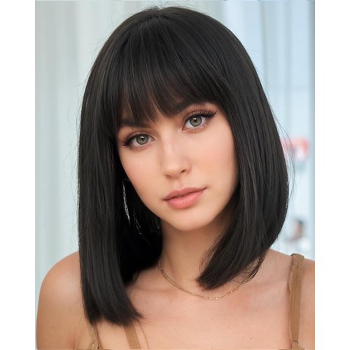 YYHR Short Bob Wig With Bangs 12" Light Yaki Straight Synthetic Hair Wigs Cut Short Black Bob Wigs With Bangs Daily Costume Wig (12 Inch,1B)