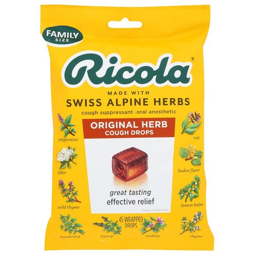 Ricola Original Herb Cough Drops, 45 Count, Cough Suppressant & Throat Relieving Drops with Naturally Sourced Menthol, Pleasing Herbal Taste for Coughs & Throat Irritation Symptom Relief