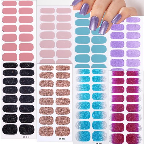 8 Sheets Semi Cured Gel Nail Strips Stickers Solid Color Gel Nail Stickers Gradient Glitter Nail Polish Strips Shine Full Warps Self-Adhesive Nail Gel Stickers for Women Nail Art Decoration Kits
