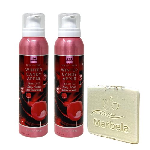 Bath & Body Works Winter Candy Apple 2 Pack Shimmer Fizz Body Lotion Gift Set with a Natural Oats Sample Soap